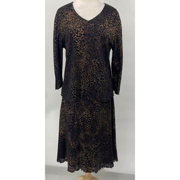 Vintage 90s Laura Ashley Cheetah Animal Print Lace Top & Midi Skirt Set Black 16 - Picture 2 of 10